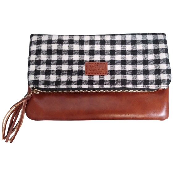 Funky Monkey Clutch Purse "Fold-Over" Black Check Leather - Picture 1 of 9